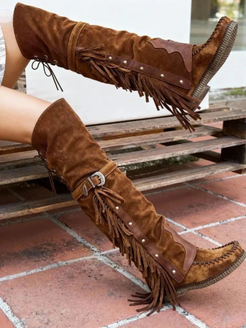Women’s Knee-High Western Boots Side Fringe Buckle Strap Stitched Toe – Country Concerts