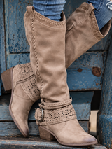 Women’s Knee-High Western Boots Side Zip Buckle Straps Block Heel – Country Market Visits
