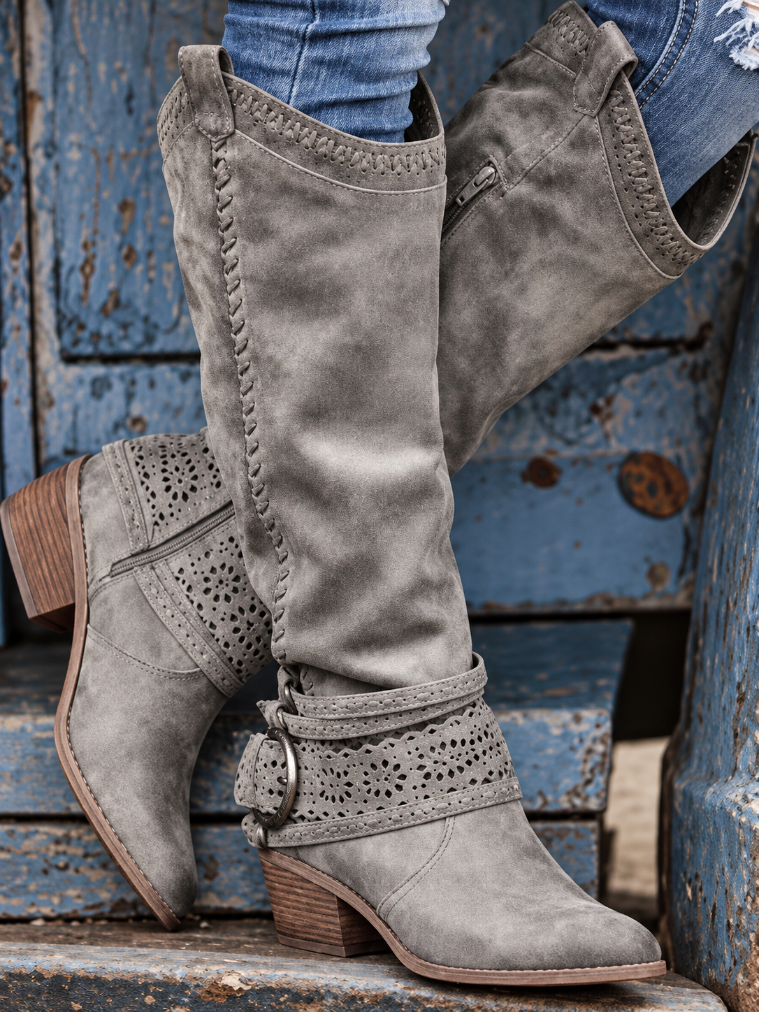 Women’s Knee-High Western Boots Side Zip Buckle Straps Block Heel – Country Market Visits