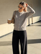 Women's Knit Cardigan Crew Neck Long Sleeve Button Front Lace Trim - Casual