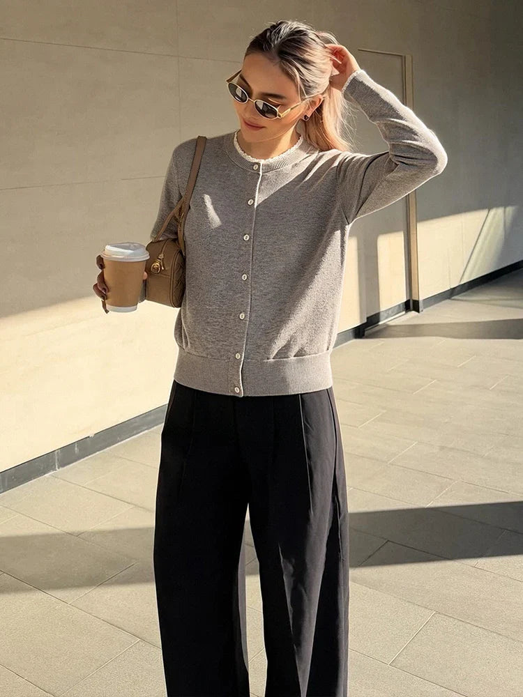 Women's Knit Cardigan Crew Neck Long Sleeve Button Front Lace Trim - Casual