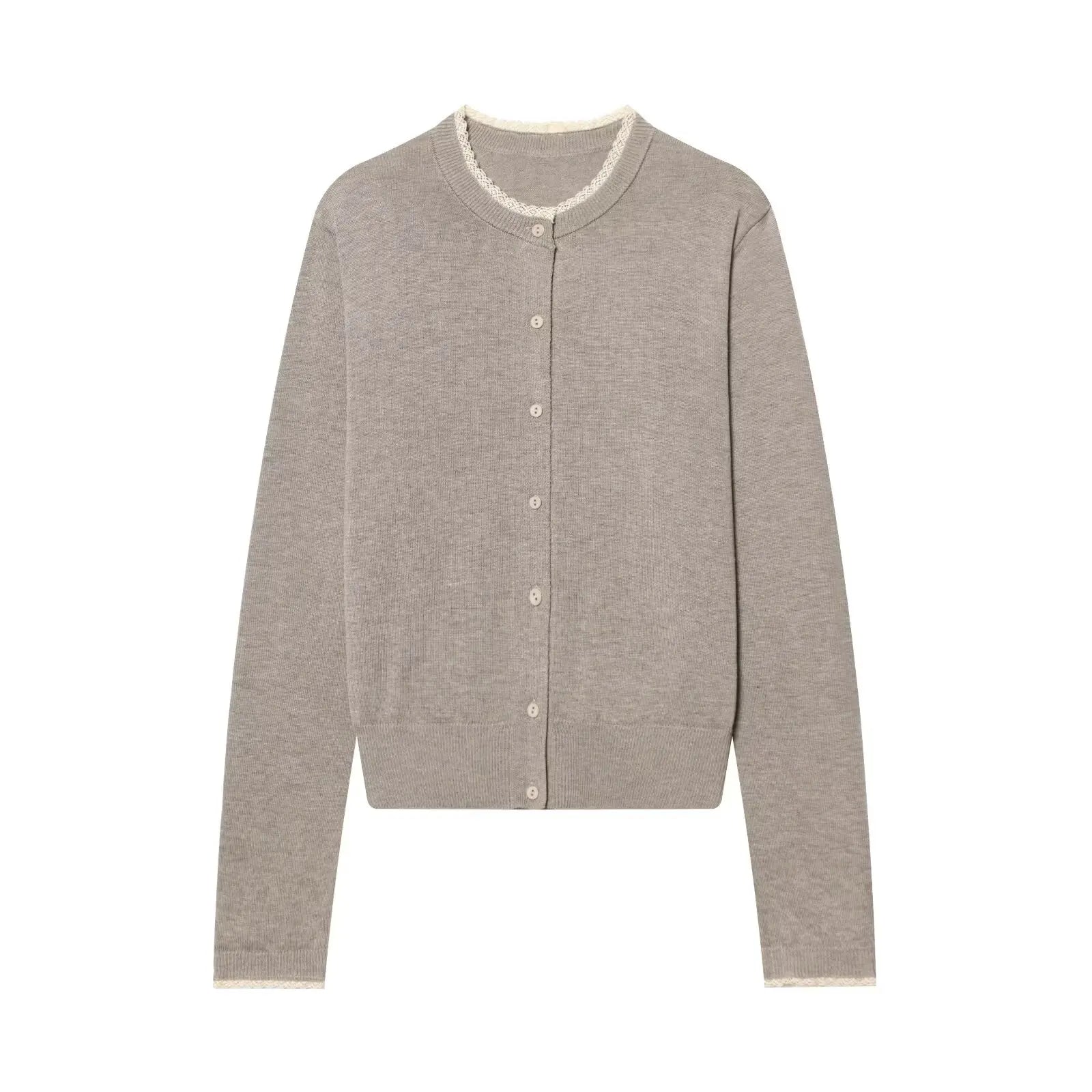 Women's Knit Cardigan Crew Neck Long Sleeve Button Front Lace Trim - Casual