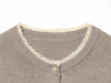 Women's Knit Cardigan Crew Neck Long Sleeve Button Front Lace Trim - Casual
