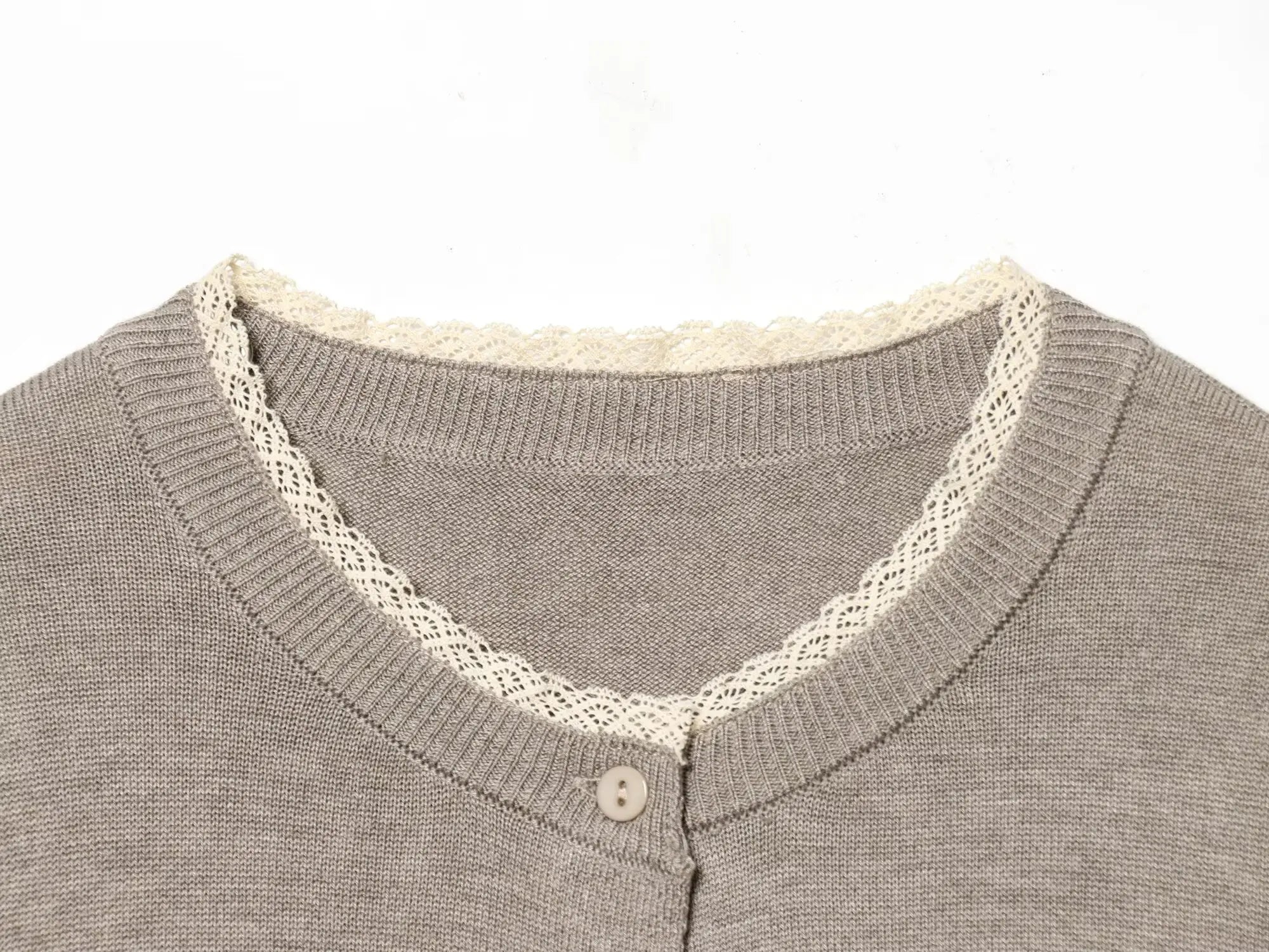Women's Knit Cardigan Crew Neck Long Sleeve Button Front Lace Trim - Casual