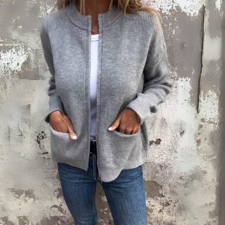 Women's Knit Cardigan Long Sleeve High Collar Zip Front – Daytime Gathering