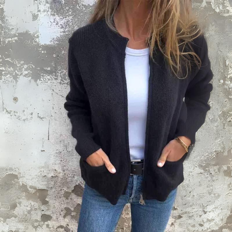 Women's Knit Cardigan Long Sleeve High Collar Zip Front – Daytime Gathering