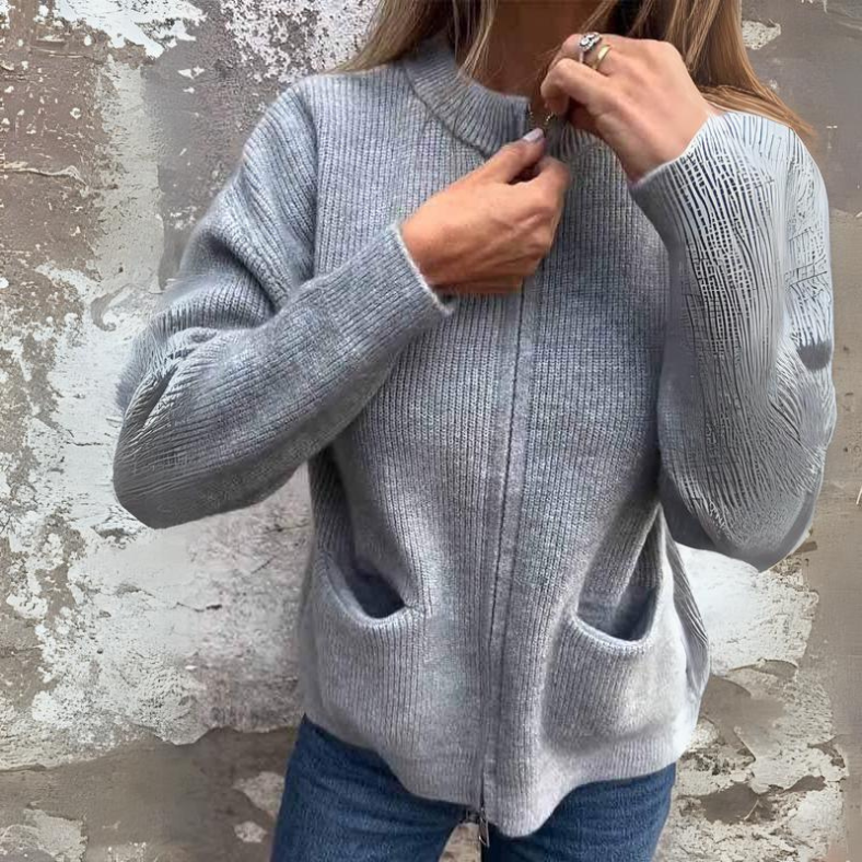 Women's Knit Cardigan Long Sleeve High Collar Zip Front – Daytime Gathering