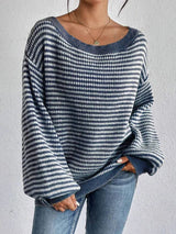 Women's Knit Sweater Striped Dropped Shoulder Round Neck – Going Out