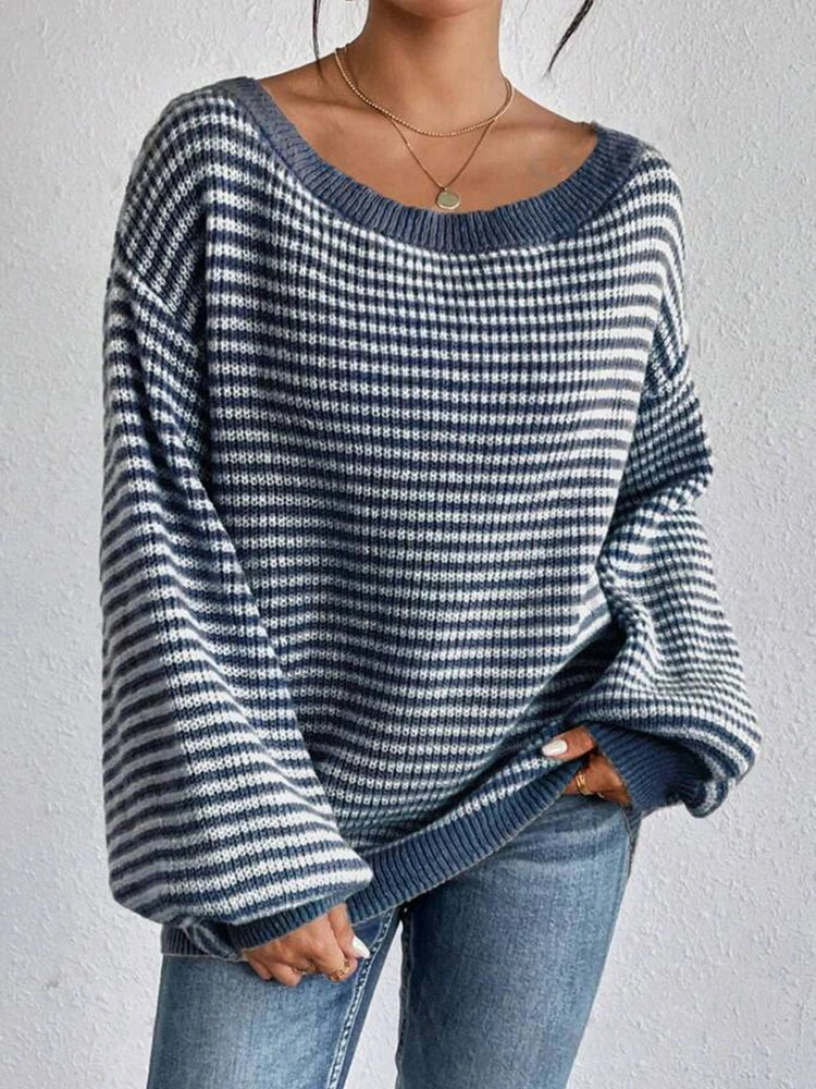 Women's Knit Sweater Striped Dropped Shoulder Round Neck – Going Out