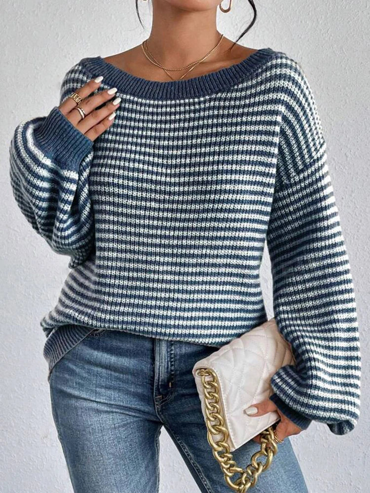 Women's Knit Sweater Striped Dropped Shoulder Round Neck – Going Out