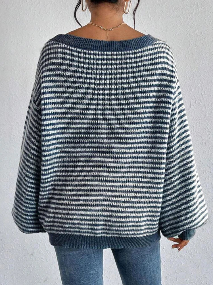 Women's Knit Sweater Striped Dropped Shoulder Round Neck – Going Out