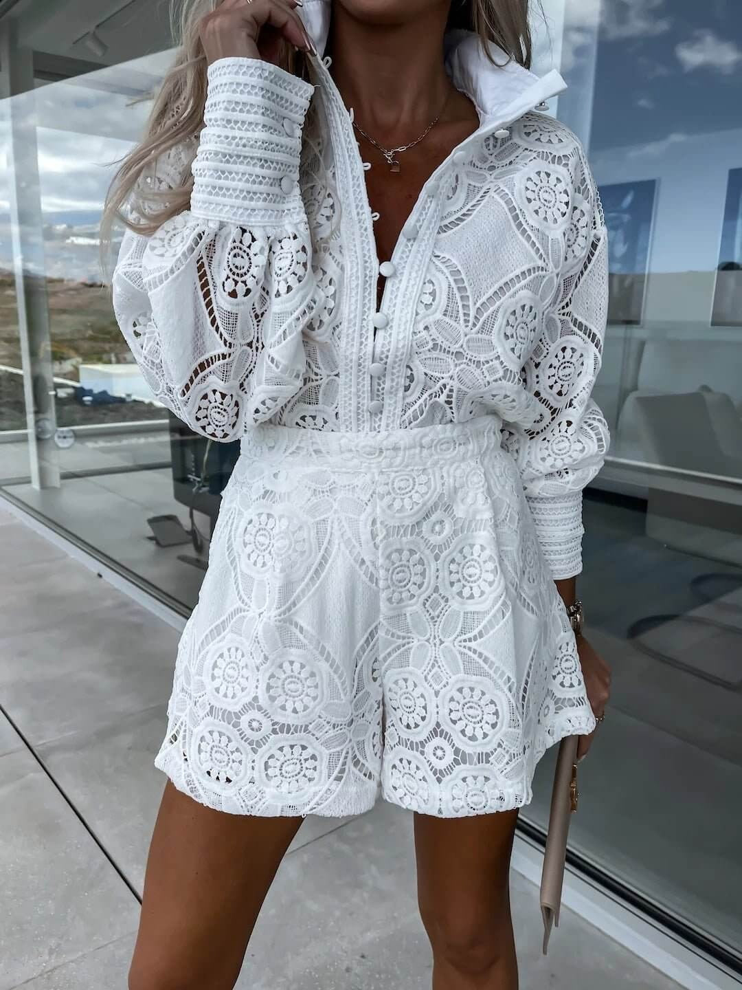 Women's Lace 2 Piece Set High Waist Shorts Stand Collar – Going Out