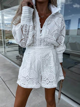 Women's Lace 2 Piece Set High Waist Shorts Stand Collar – Going Out