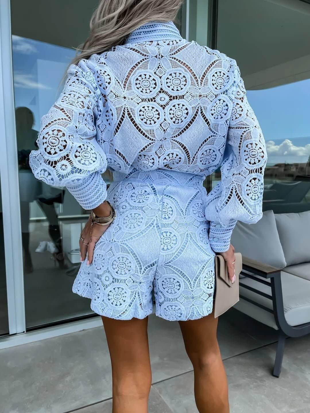 Women's Lace 2 Piece Set High Waist Shorts Stand Collar – Going Out
