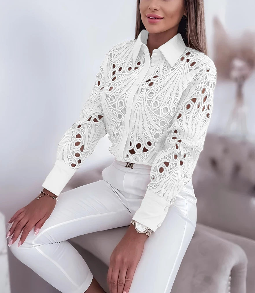 Women's Lace Blouse Allover Openwork Button Front Long Sleeve – Business Lunch