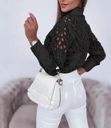 Women's Lace Blouse Allover Openwork Button Front Long Sleeve – Business Lunch