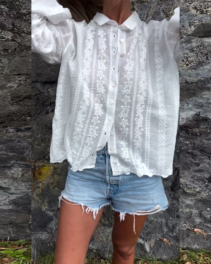 Women's Lace Blouse Button-Down Long Sleeve V-Neck Pointed Collar – Going Out