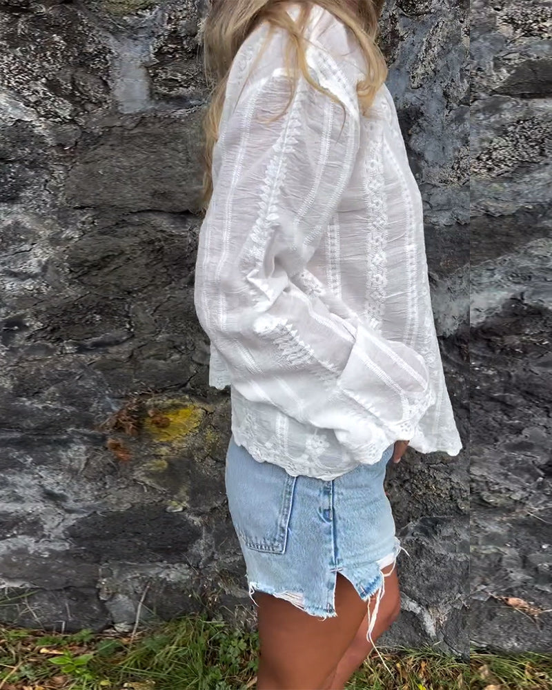 Women's Lace Blouse Button-Down Long Sleeve V-Neck Pointed Collar – Going Out