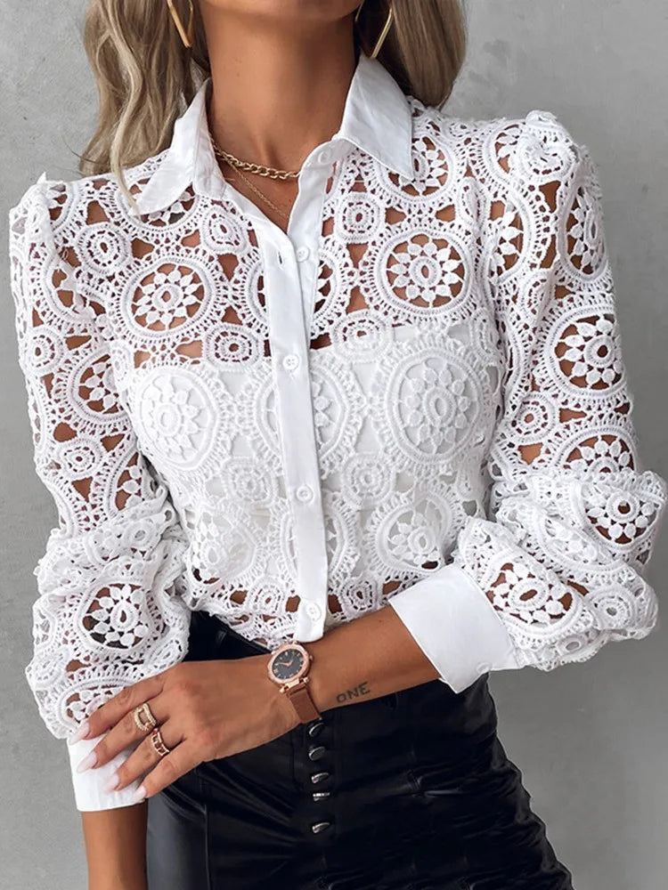 Women's Lace Blouse Medallion Openwork Button Front Long Sleeve – Gallery Visit