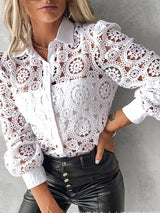 Women's Lace Blouse Medallion Openwork Button Front Long Sleeve – Gallery Visit