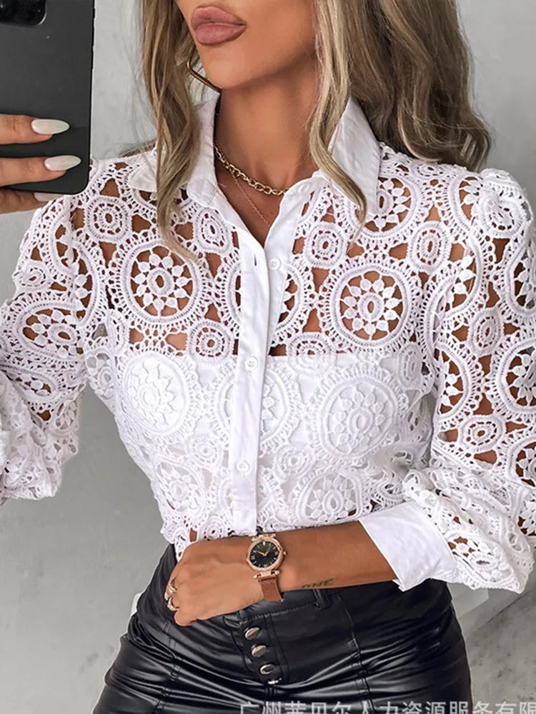 Women's Lace Blouse Medallion Openwork Button Front Long Sleeve – Gallery Visit