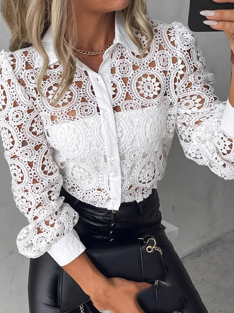 Women's Lace Blouse Medallion Openwork Button Front Long Sleeve – Gallery Visit