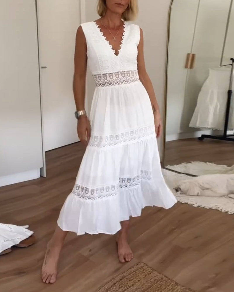 Women's Lace Maxi Dress V-Neck Tiered Sleeveless – Wedding Guest