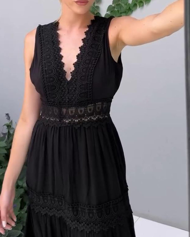 Women's Lace Maxi Dress V-Neck Tiered Sleeveless – Wedding Guest