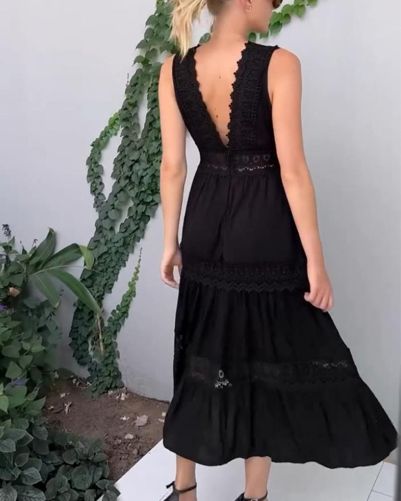 Women's Lace Maxi Dress V-Neck Tiered Sleeveless – Wedding Guest
