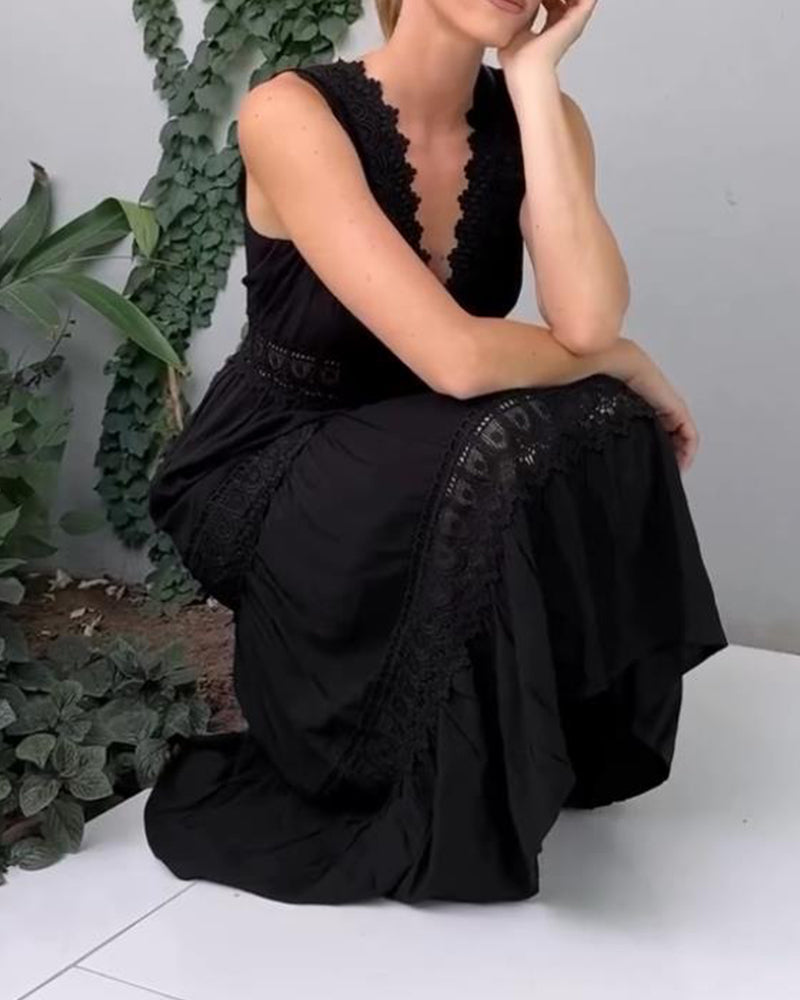 Women's Lace Maxi Dress V-Neck Tiered Sleeveless – Wedding Guest