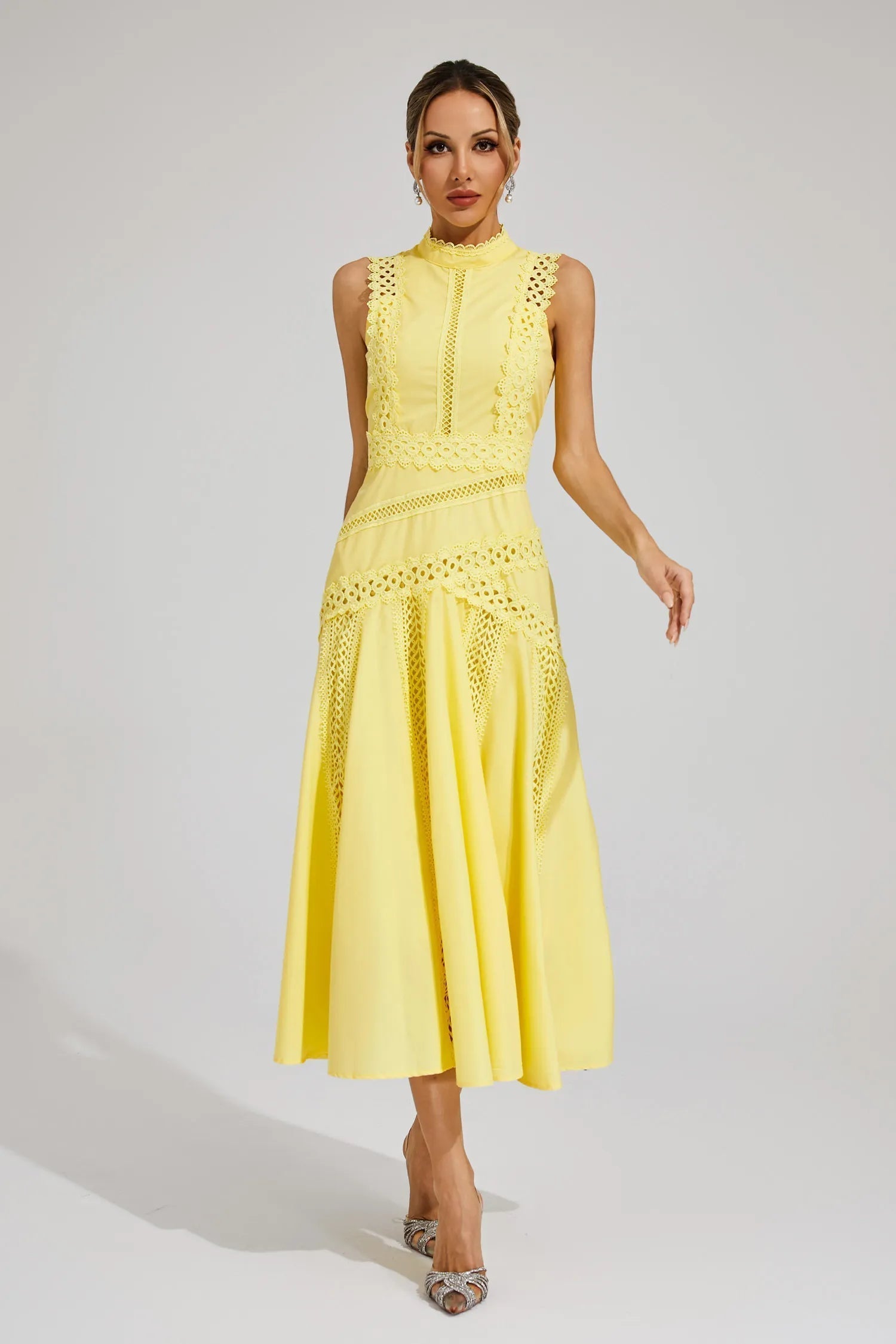 Women's Lace Midi Dress A-Line Sleeveless High Neck – Garden Party