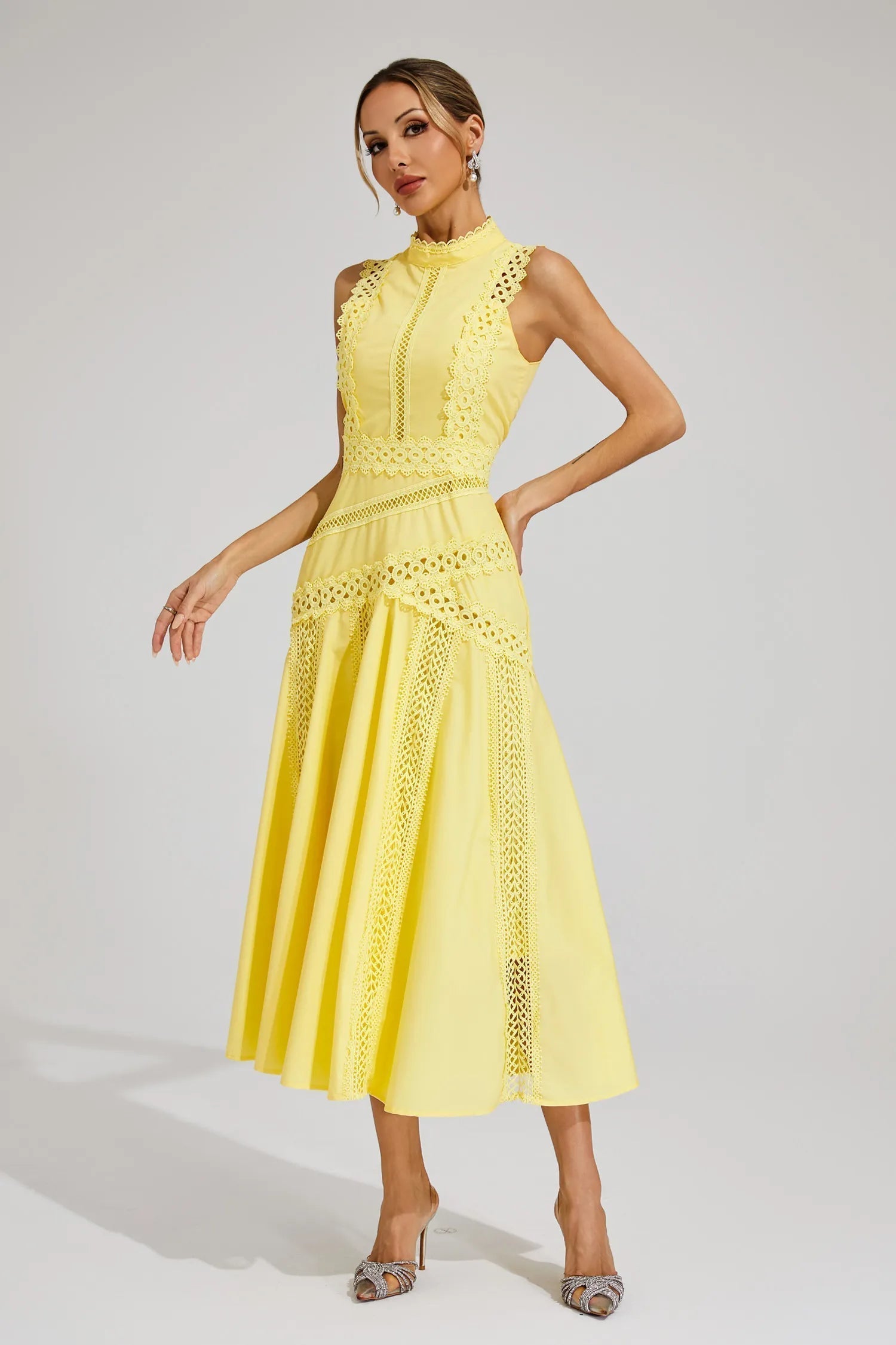Women's Lace Midi Dress A-Line Sleeveless High Neck – Garden Party