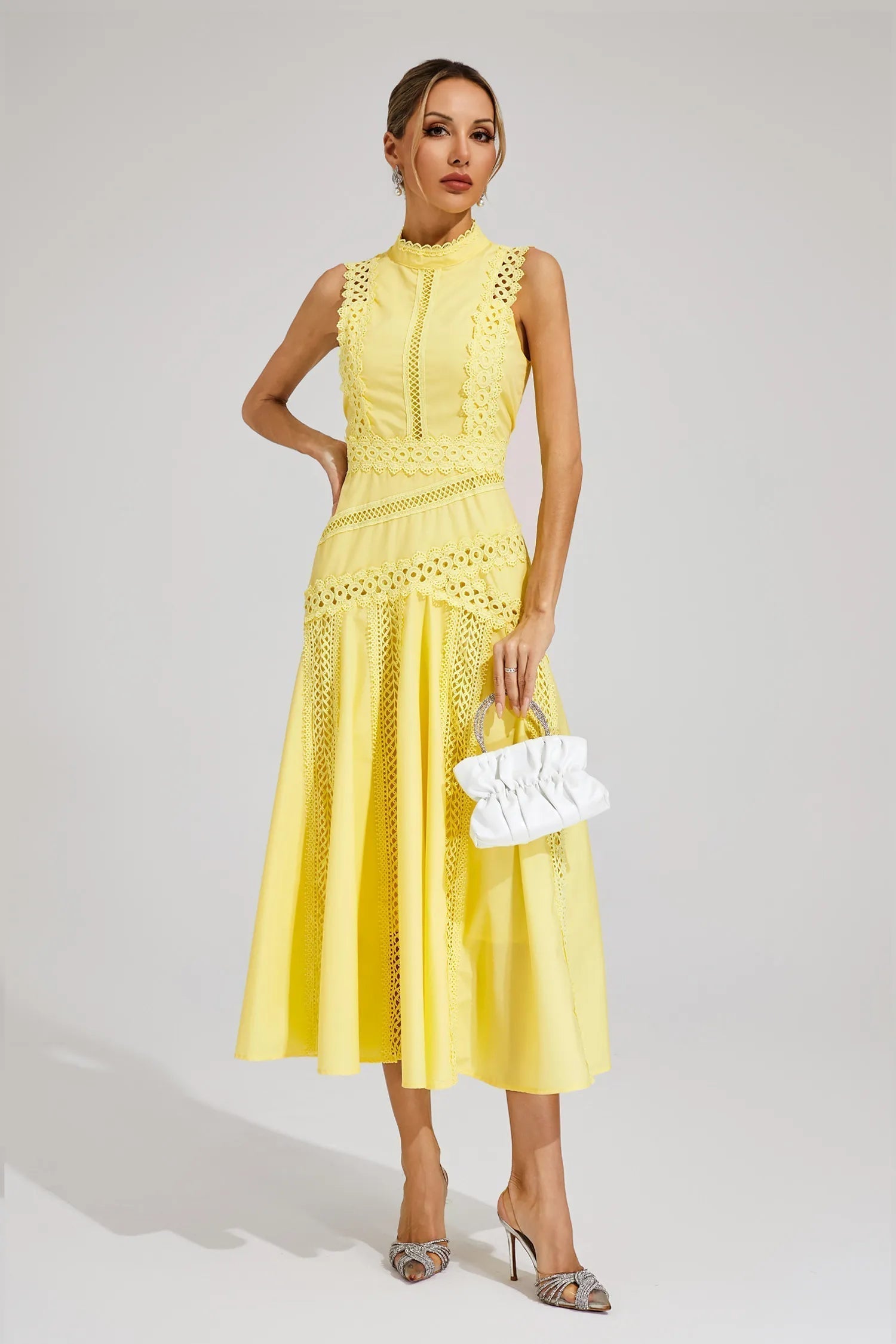 Women's Lace Midi Dress A-Line Sleeveless High Neck – Garden Party