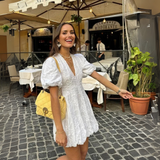 Women's Lace Mini Dress Deep V-Neck Puff Sleeve – Party Wear