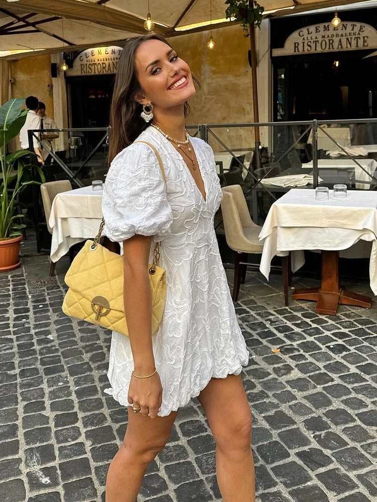 Women's Lace Mini Dress Deep V-Neck Puff Sleeve – Party Wear