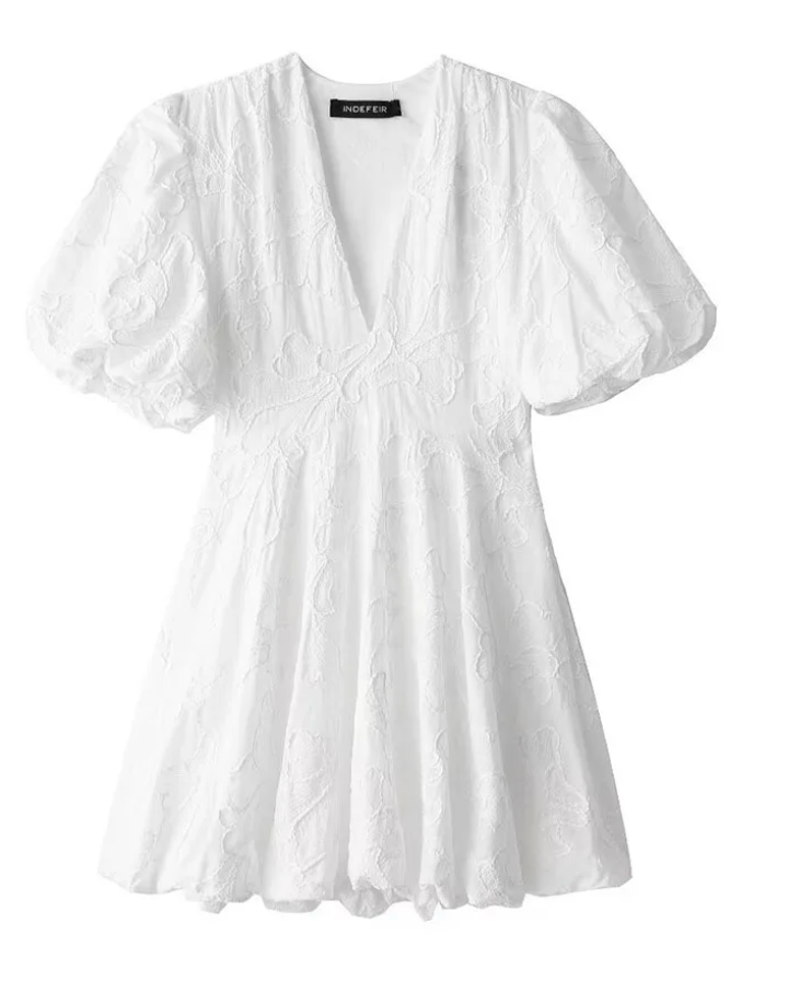Women's Lace Mini Dress Deep V-Neck Puff Sleeve – Party Wear