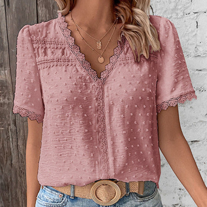 Women's Lace Trim Blouse Swiss Dot V Neck Short Sleeve – Garden Lunch