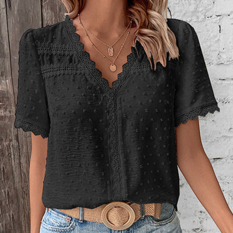 Women's Lace Trim Blouse Swiss Dot V Neck Short Sleeve – Garden Lunch