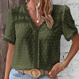 Women's Lace Trim Blouse Swiss Dot V Neck Short Sleeve – Garden Lunch