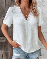 Women's Lace Trim Blouse Swiss Dot V Neck Short Sleeve – Garden Lunch