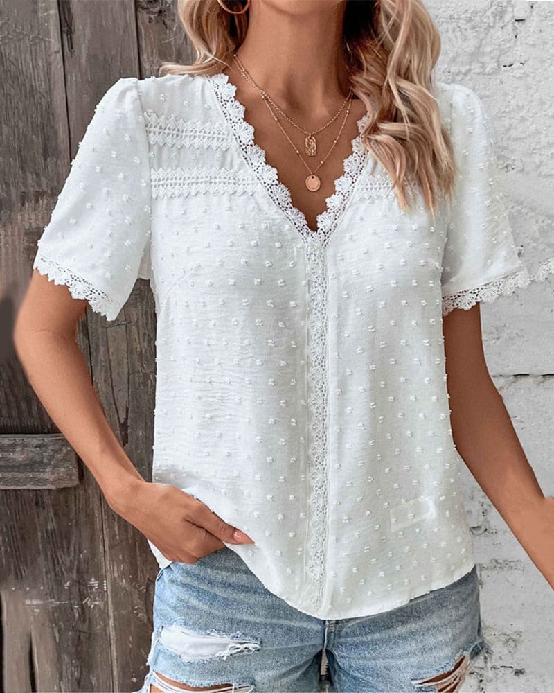 Women's Lace Trim Blouse Swiss Dot V Neck Short Sleeve – Garden Lunch