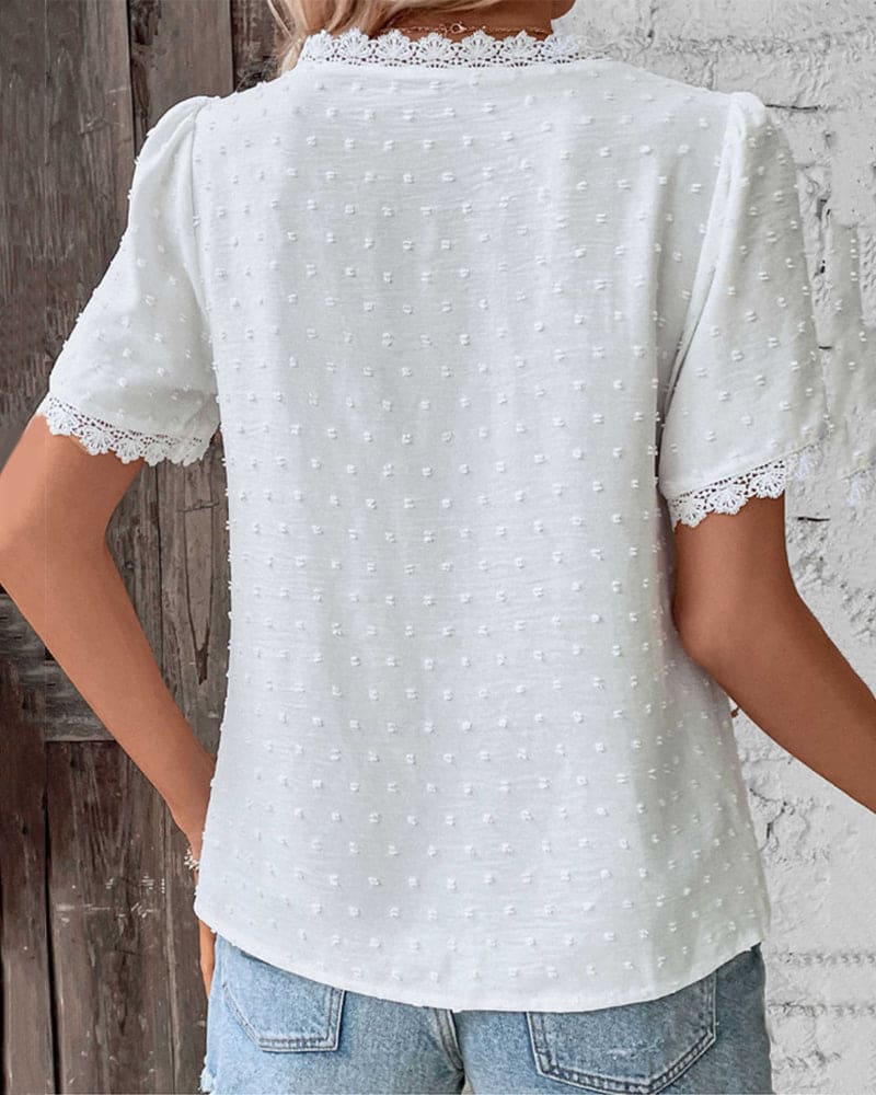 Women's Lace Trim Blouse Swiss Dot V Neck Short Sleeve – Garden Lunch