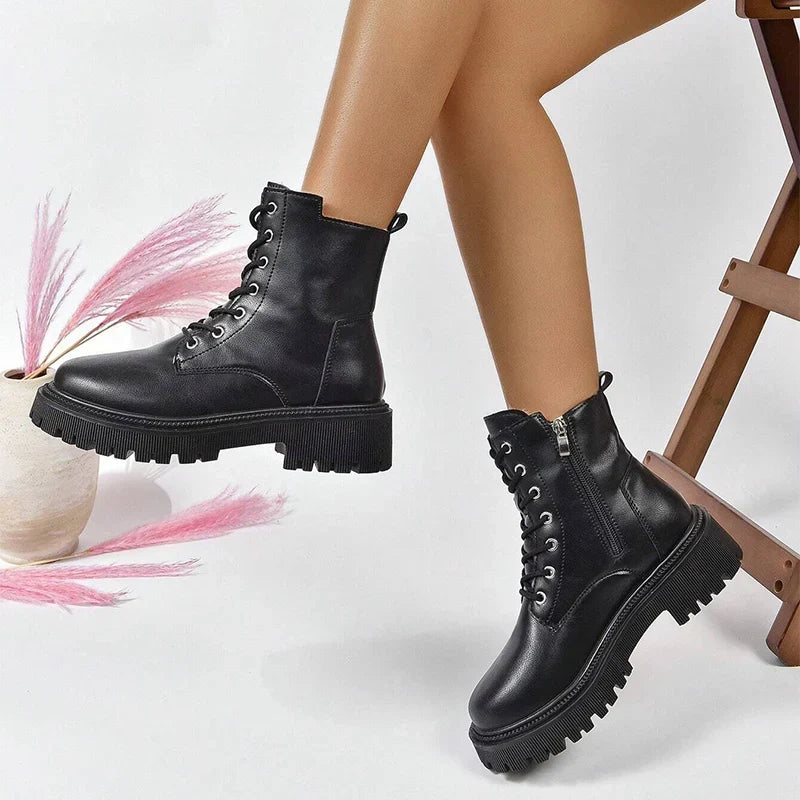 Women's Lace-Up Ankle Boots Side Zipper Lug Sole – Autumn Day Trip