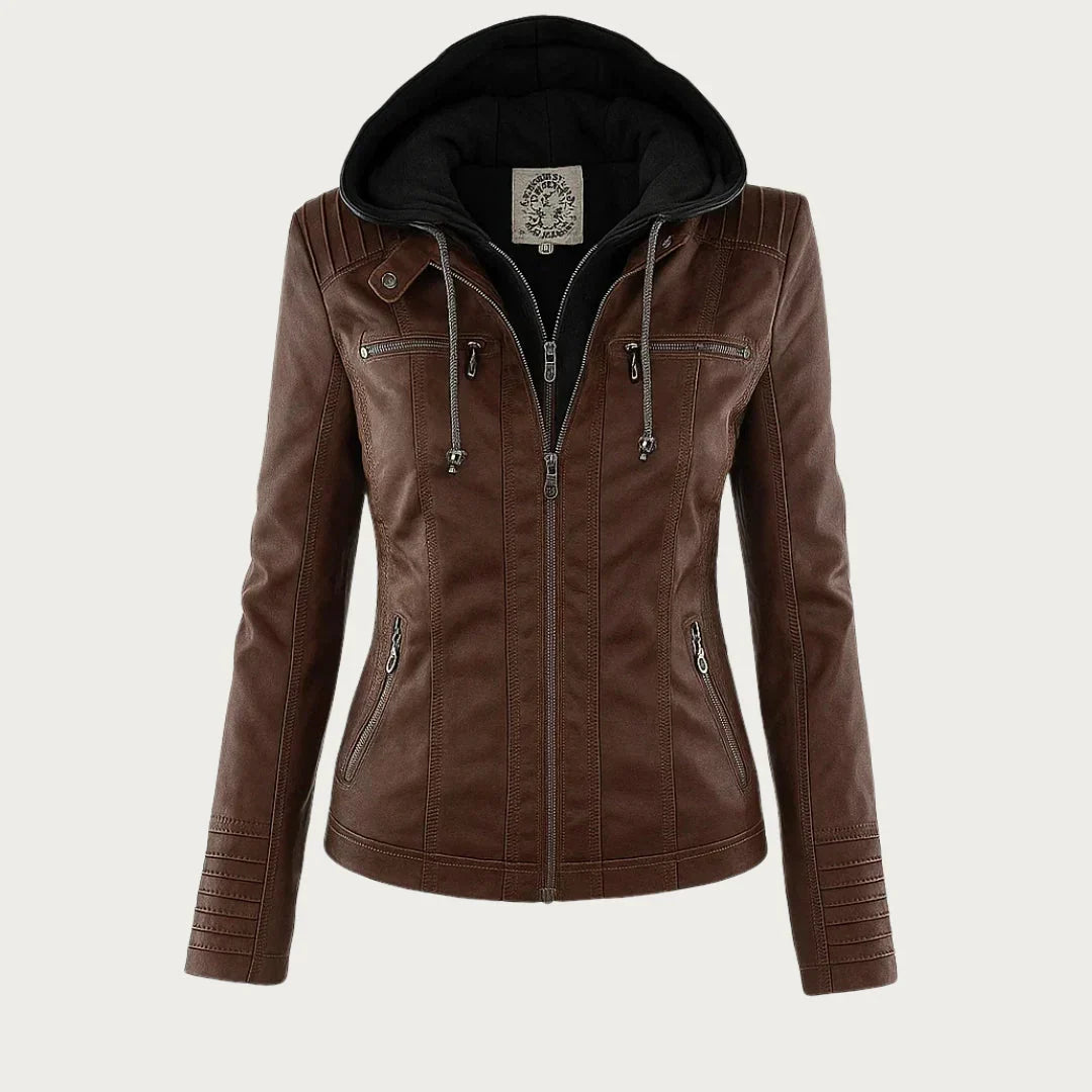 Women’s Leather Jacket Hooded Zip Front Panel Stitching – Weekend Road Trips