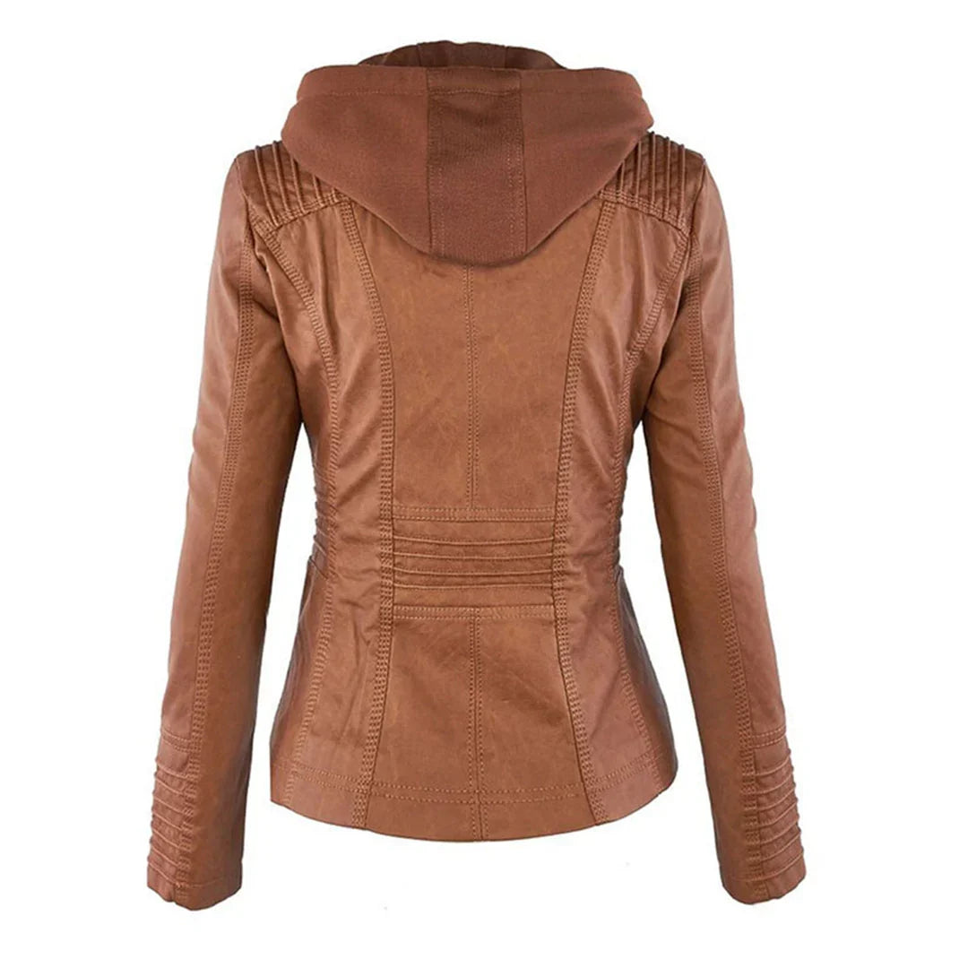 Women’s Leather Jacket Hooded Zip Front Panel Stitching – Weekend Road Trips