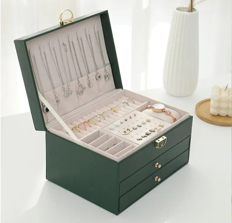 Women's Leather Jewelry Box Multi Layer Drawers Ring Slots – Dresser Setup