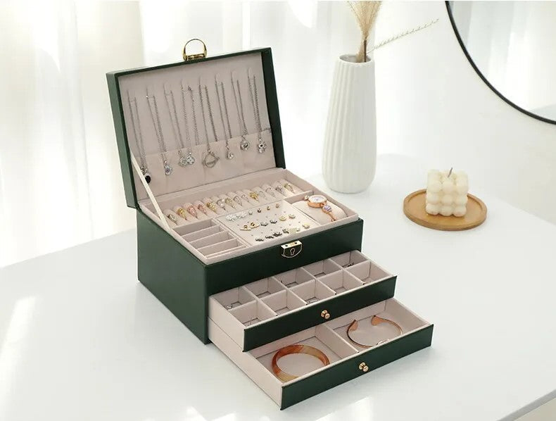 Women's Leather Jewelry Box Multi Layer Drawers Ring Slots – Dresser Setup