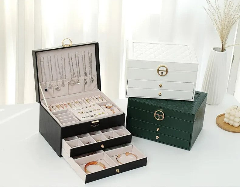 Women's Leather Jewelry Box Multi Layer Drawers Ring Slots – Dresser Setup