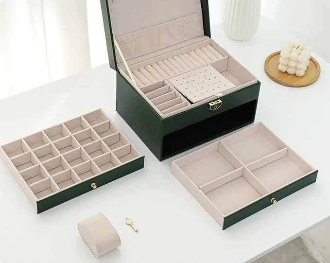 Women's Leather Jewelry Box Multi Layer Drawers Ring Slots – Dresser Setup