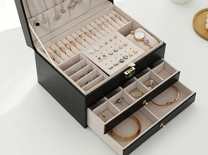 Women's Leather Jewelry Box Multi Layer Drawers Ring Slots – Dresser Setup